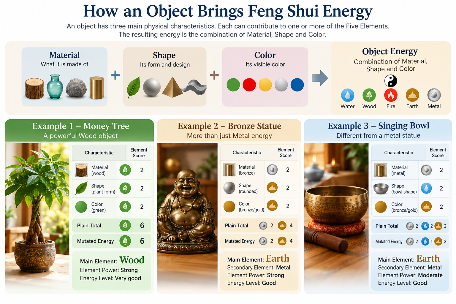 Feng Shui Object Energy method showing how material, shape and color contribute to the Five Elements and the resulting energy of an object