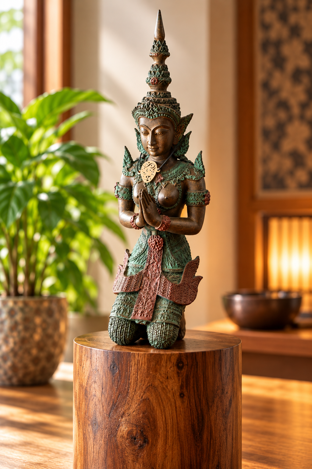 Bronze statuette displayed on a wooden pedestal illustrating the interaction between Metal and Wood Feng Shui energy