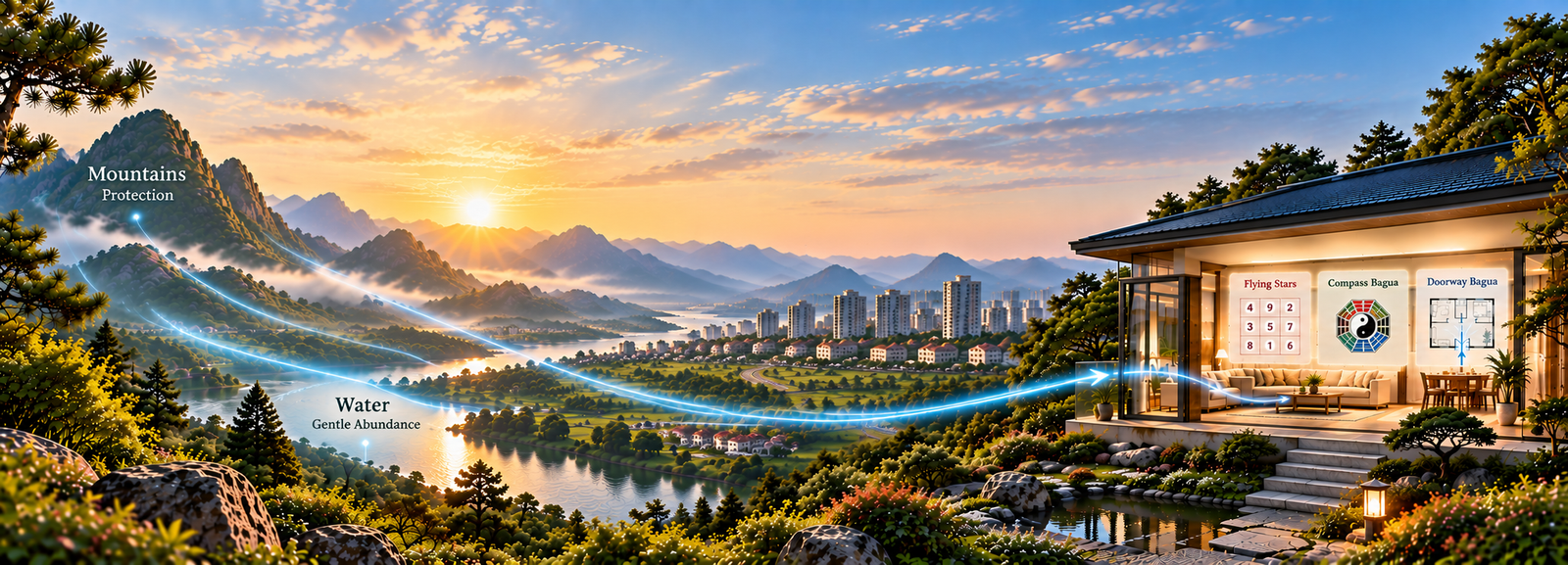 Big Feng Shui landscape energy flowing toward a home, contrasted with Small Feng Shui methods for working with energy inside the property.