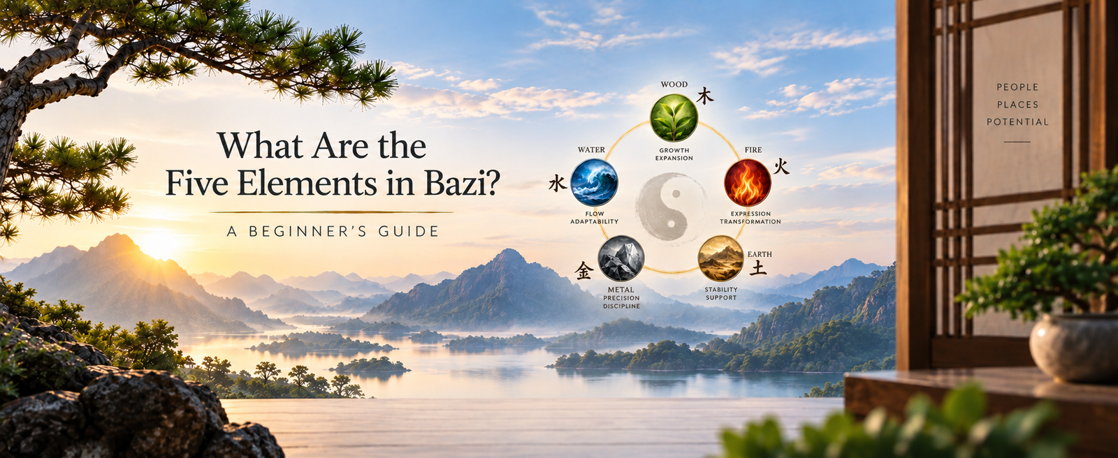 The Five Elements of Wood, Fire, Earth, Metal and Water connecting Bazi and Feng Shui.