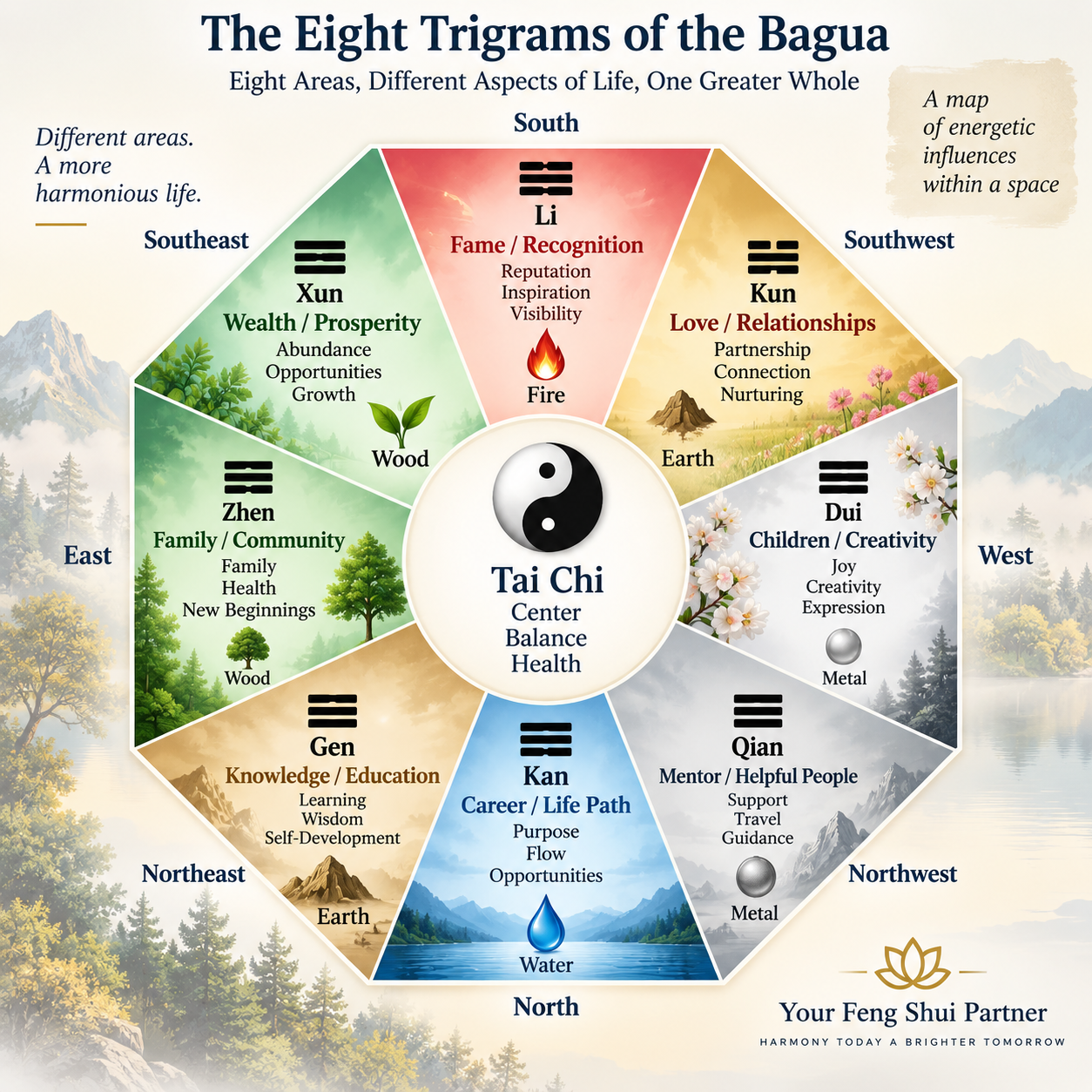 The eight trigrams of the Feng Shui Bagua surrounding the central Tai Chi, with directions, life areas and Five Elements.