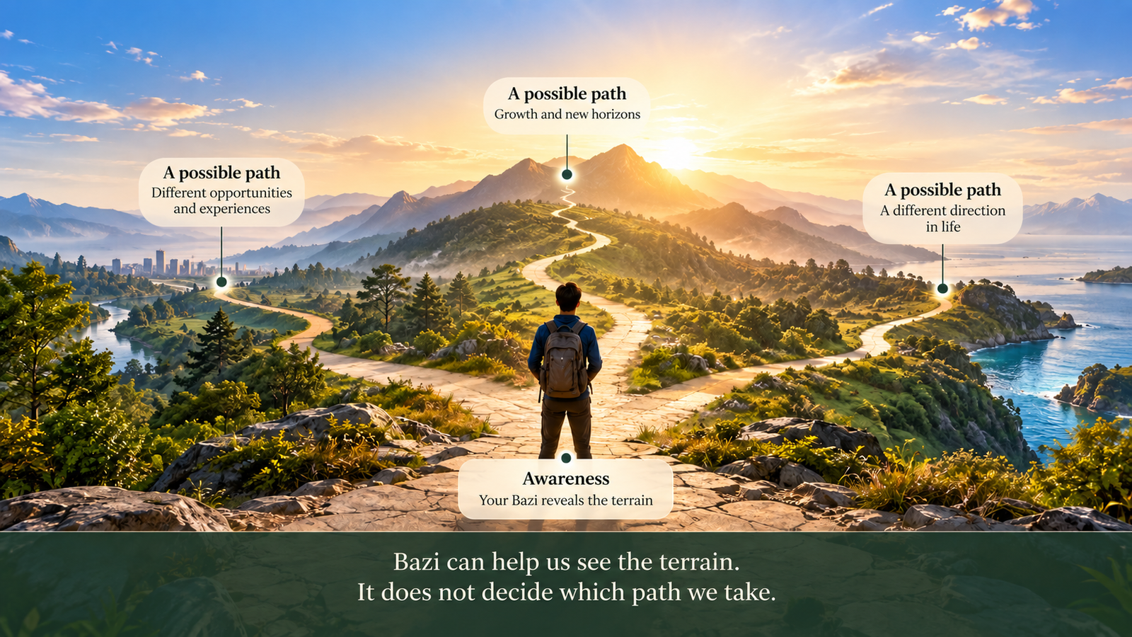 A person looking across several possible paths, illustrating how Bazi can reveal the terrain without deciding which path we take.