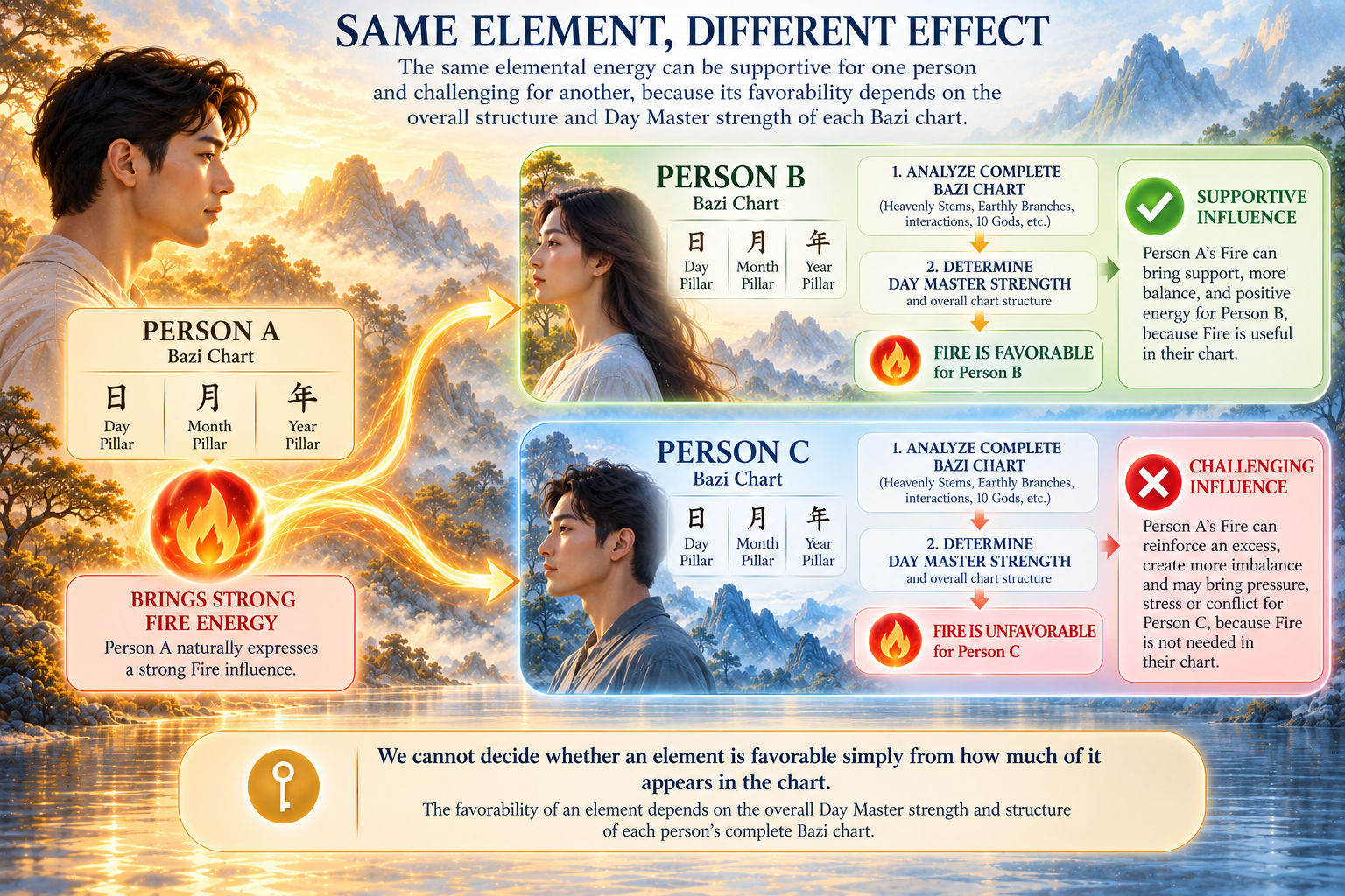 The same elemental influence can affect two Bazi charts differently depending on Day Master strength and overall chart structure