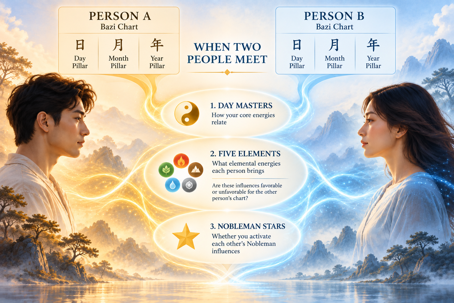 Two Bazi charts meeting through Day Masters, Five Element influences and Nobleman Stars