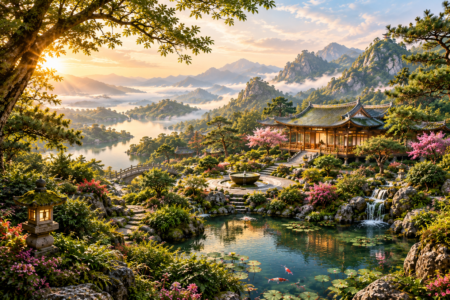 Panoramic view of a traditional Chinese-style house nestled in a lush mountain landscape, surrounded by flowing water, a pond, rocks, trees, and a landscaped garden illustrating an ideal Grand Feng Shui environment.