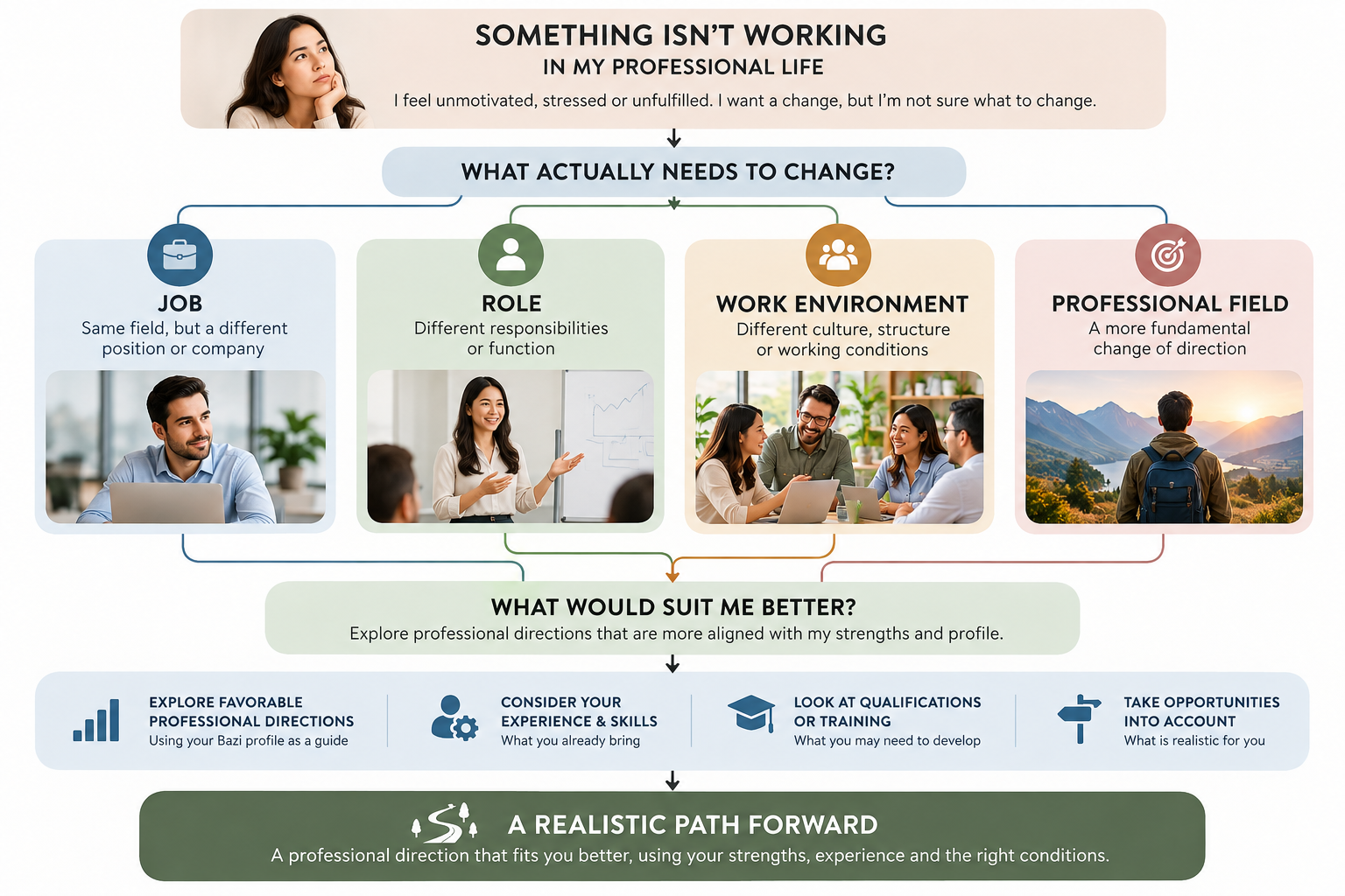 Career change path showing whether to change job, professional role, work environment or professional field before choosing a realistic direction forward