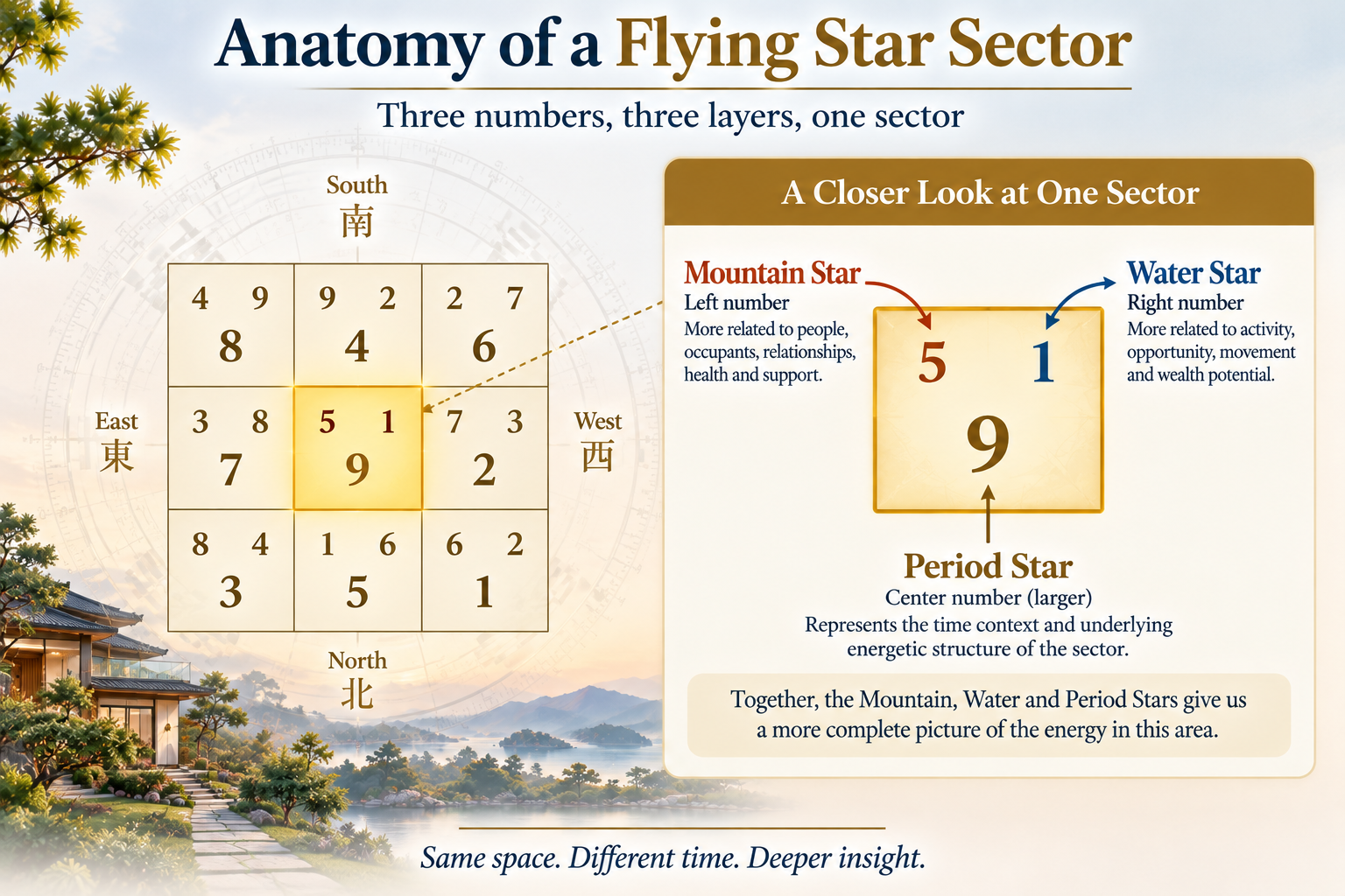 Flying Star sector showing the Mountain Star on the left, Water Star on the right and Period Star in the center.