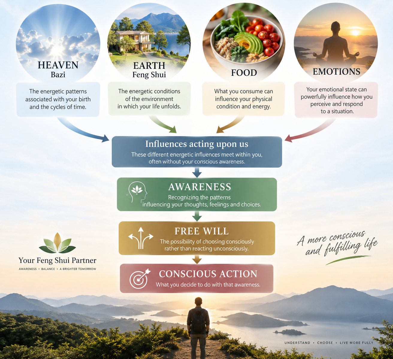 YFP model showing Heaven or Bazi, Earth or Feng Shui, food and emotions leading through awareness and free will to conscious action