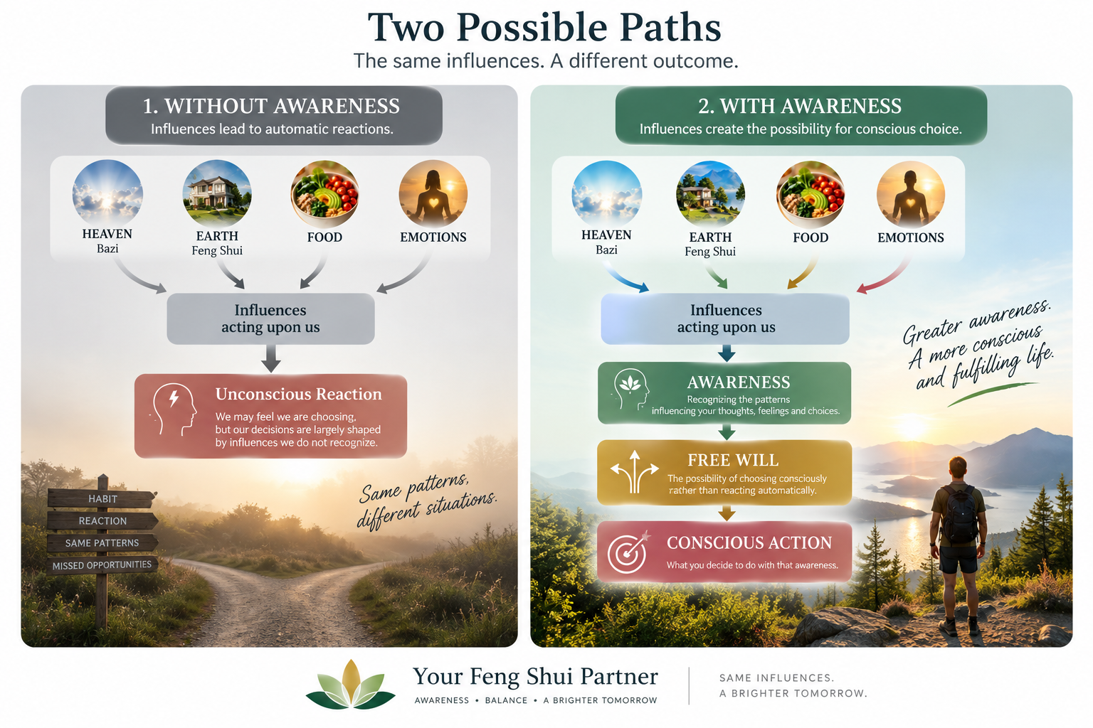 Two possible paths: without awareness influences can lead to unconscious reaction, while with awareness they can lead through free will to conscious action