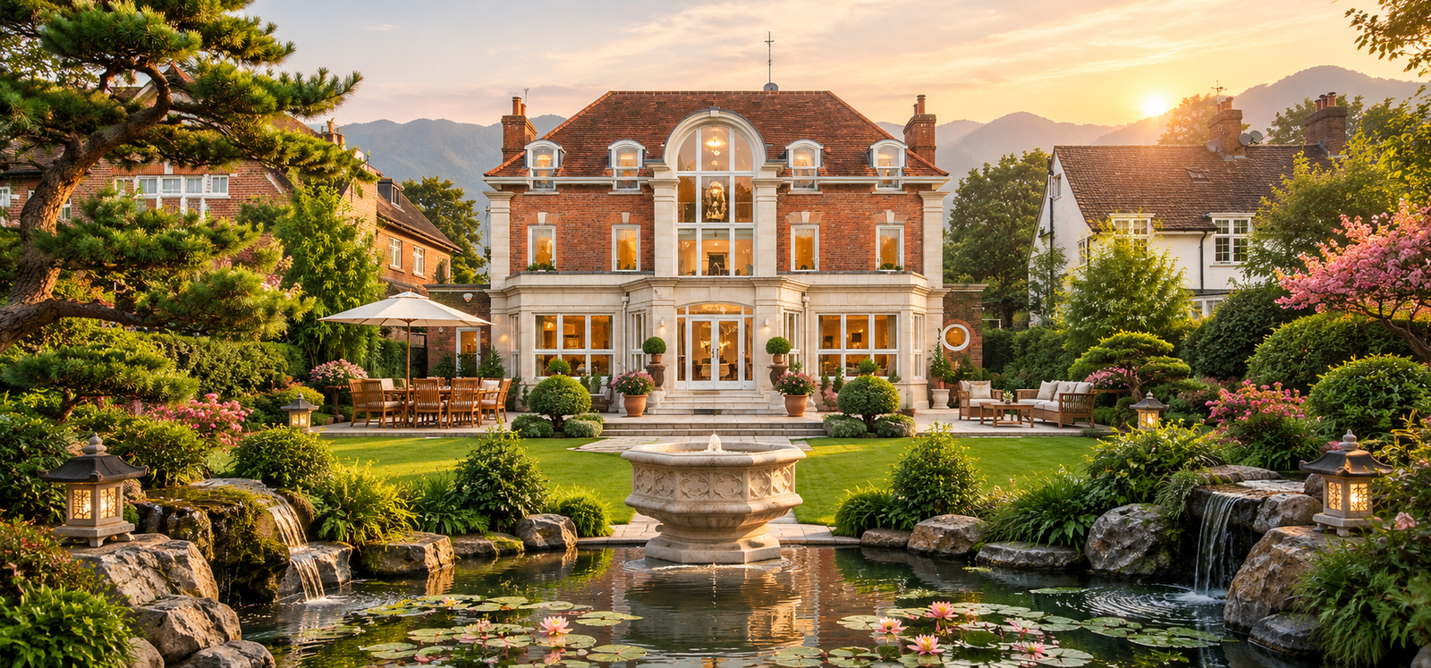 Traditional brick-and-stone house surrounded by a landscaped garden, mountain scenery, a reflective pond with koi fish and water lilies, stone lanterns, and cascading water, illustrating a harmonious Grand Feng Shui environment.