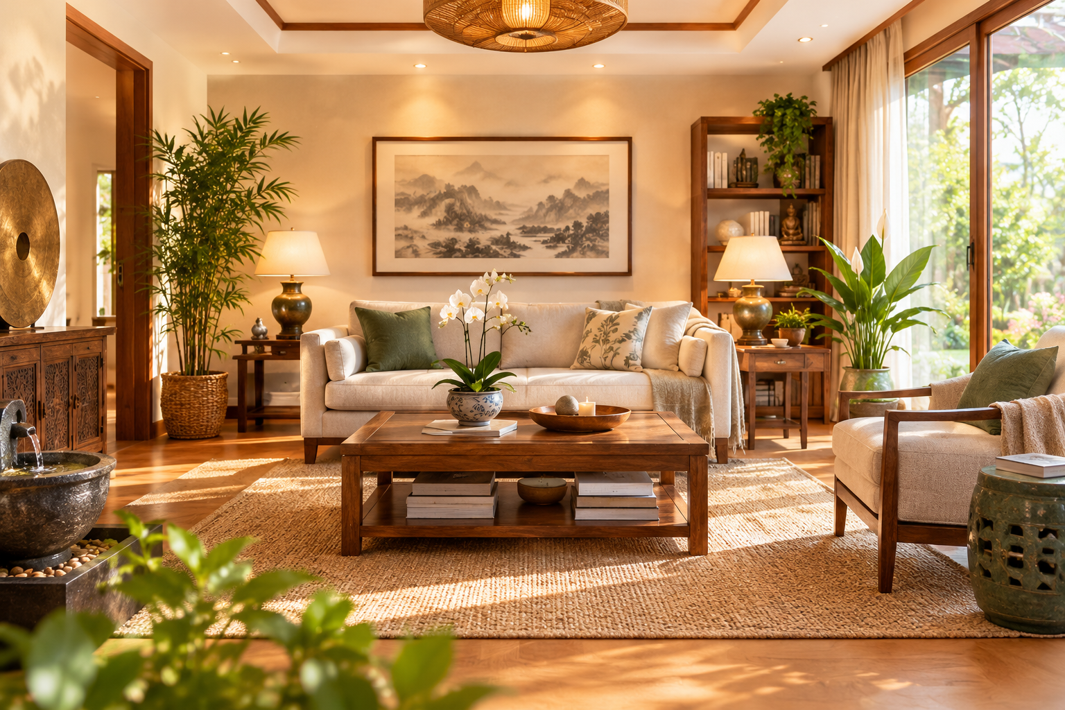 Warm, sunlit living room with a beige sofa, natural wood furniture, indoor plants, a woven rug, soft lighting and Asian-inspired decor, illustrating a harmonious Small Feng Shui interior.