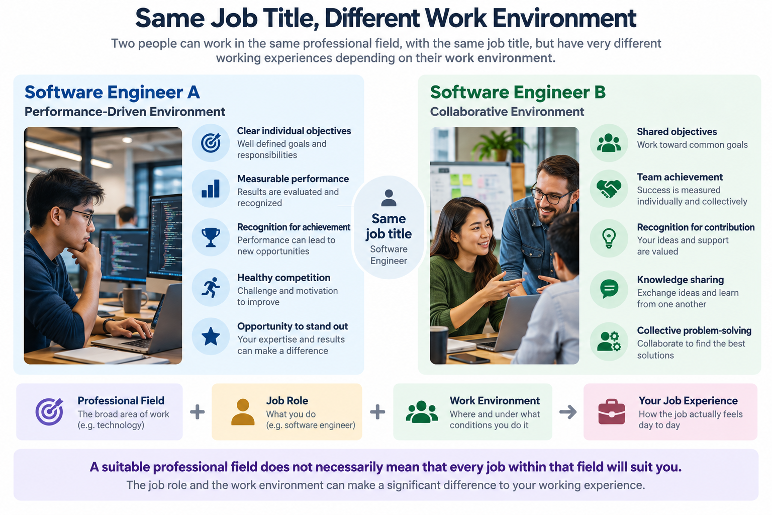 Two software engineers with the same job title compared in performance-driven and collaborative work environments